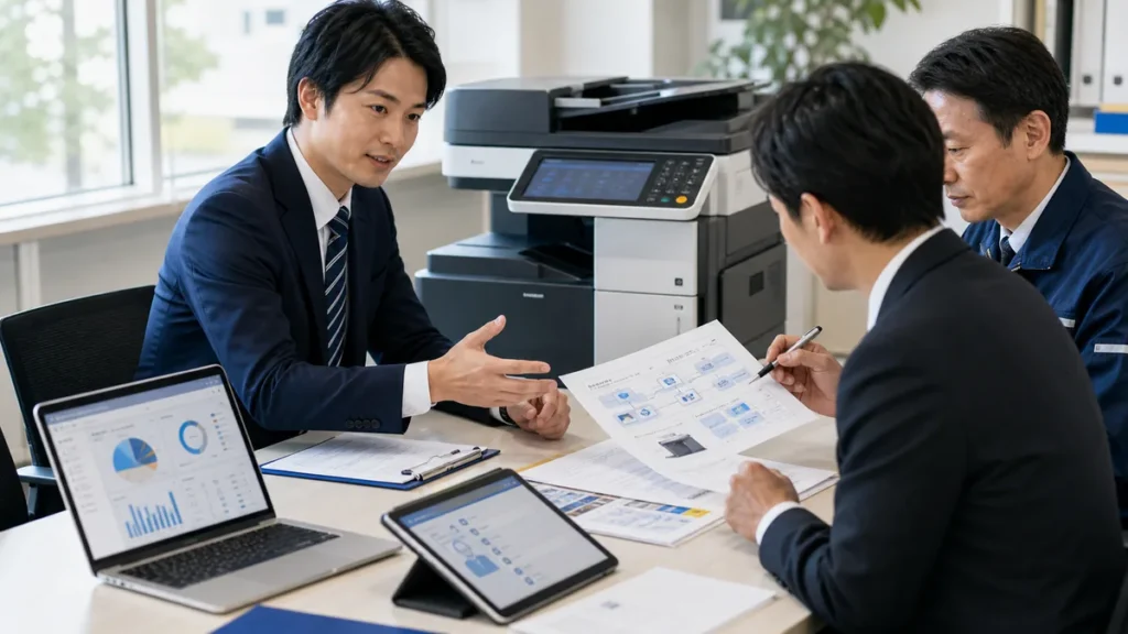 複合機のセキュリティ設定とスキャン設定の承継資料を確認するOA機器M&Aの相談風景
