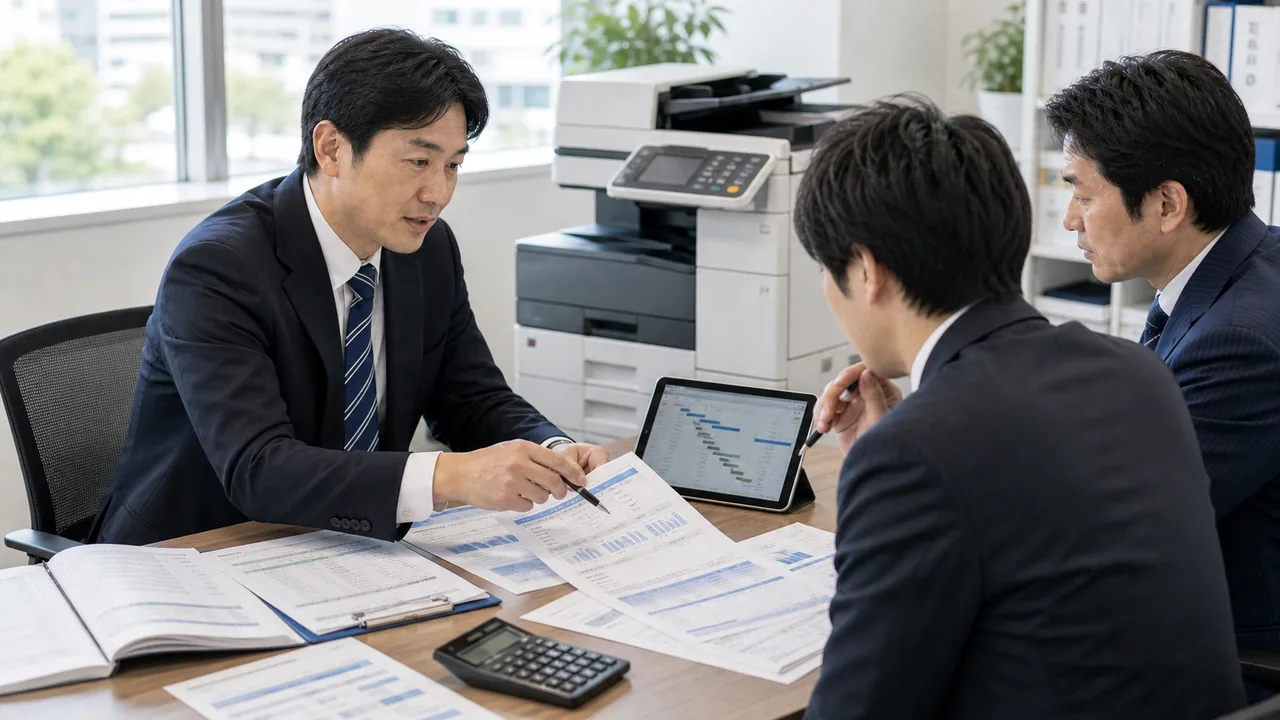 複合機販売会社のDX商材と月額サポート収益を確認するOA機器M&Aの相談風景