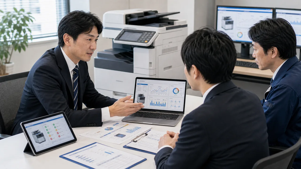 FAX回線とネットワーク設定の承継資料を確認するOA機器M&Aの相談風景