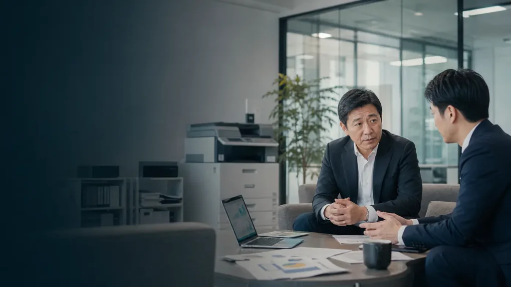 OA機器会社のM&A相談を行うビジネスパーソン