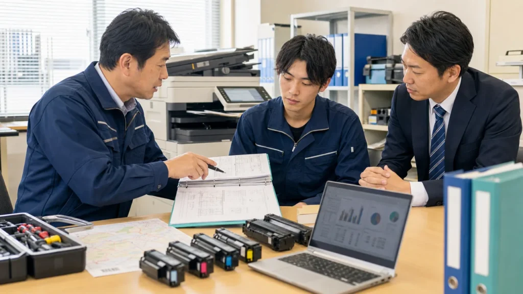 代替機とレンタル複合機の在庫資料を確認するOA機器M&Aの相談風景