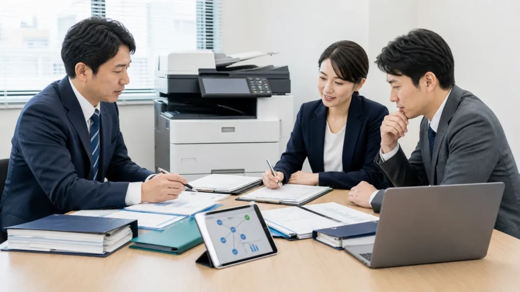 保守管理システムと顧客台帳の承継資料を確認するOA機器M&Aの相談風景