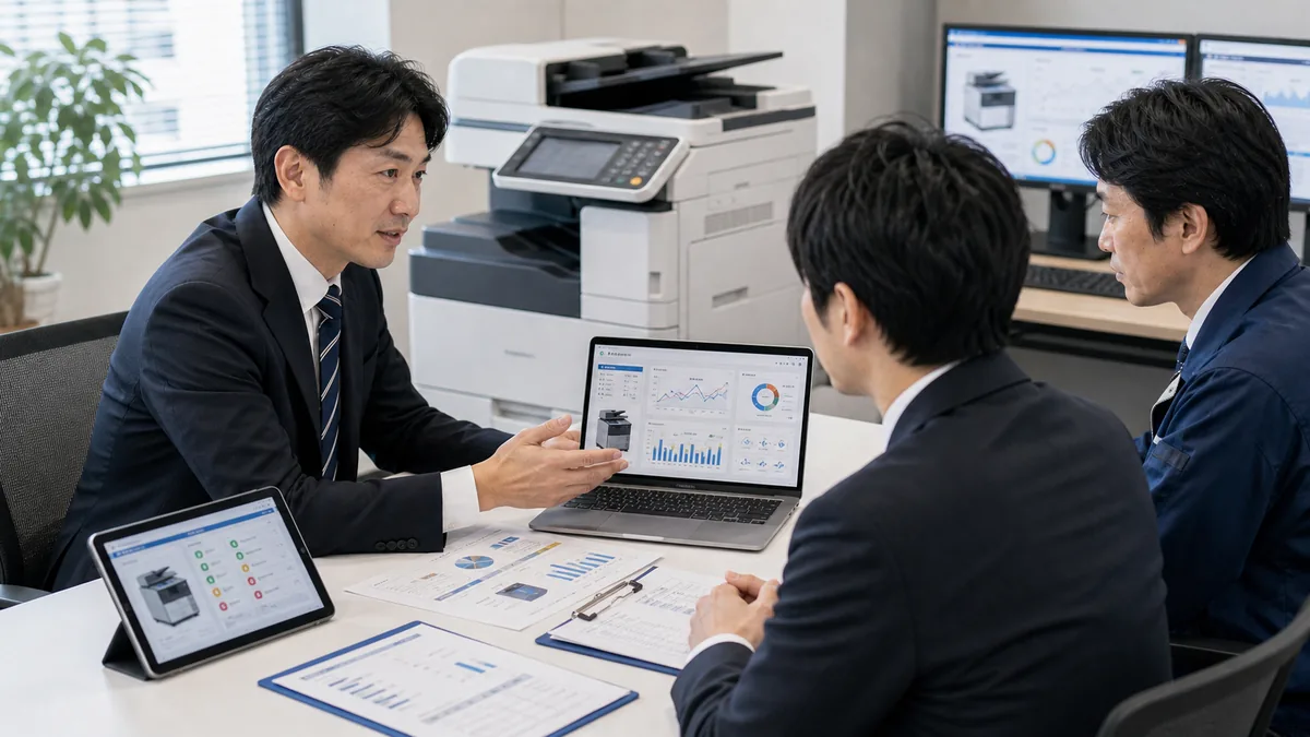 複合機の遠隔監視とカウンター自動取得の承継資料を確認するOA機器M&Aの相談風景