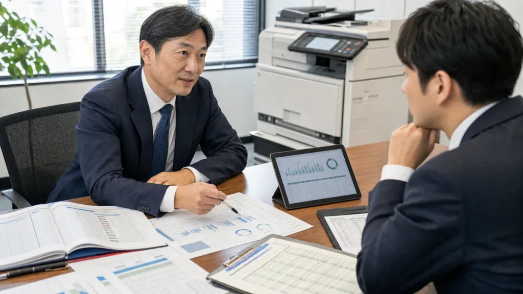 保守受付と問い合わせ履歴の承継資料を確認するOA機器M&Aの相談風景