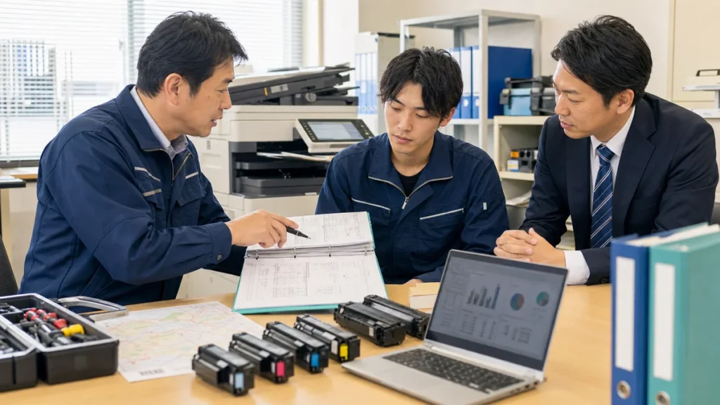 OA機器会社のサービスマン承継と複合機保守技術者の引き継ぎを確認するM&A相談風景
