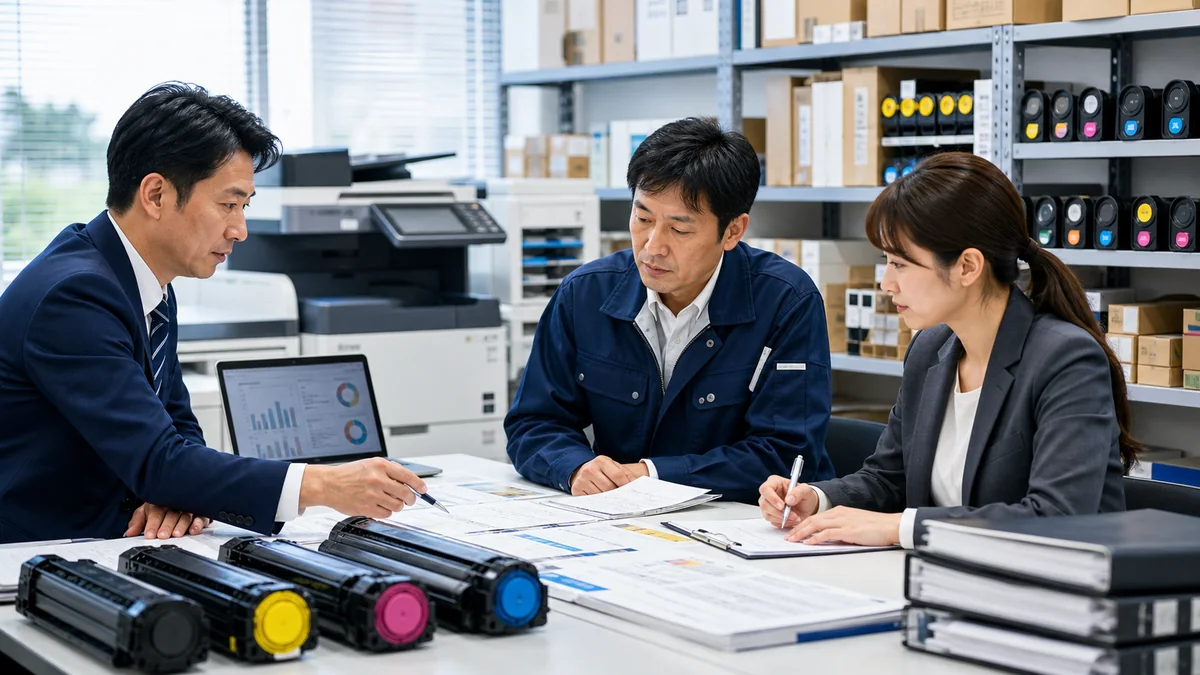 OA機器会社のトナー・サプライ収益と在庫を確認するM&A相談風景