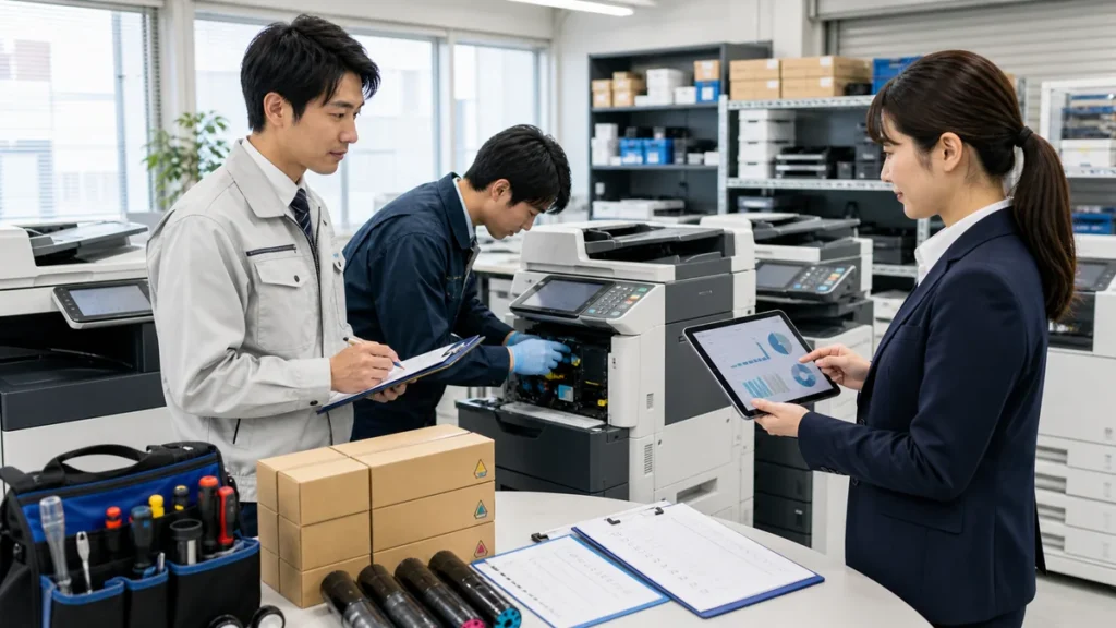 中古複合機と代替機在庫の整備状況を確認するOA機器M&Aの打ち合わせ風景
