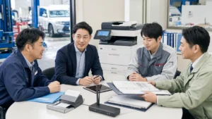 自動車整備工場のサービスフロントで車検証スキャンと整備伝票承継資料を確認するOA機器M&Aの相談風景