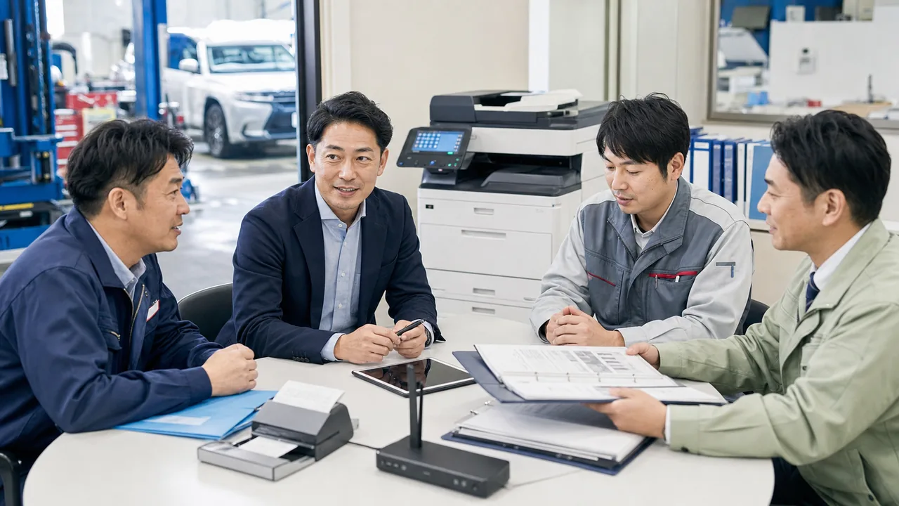 自動車整備工場のサービスフロントで車検証スキャンと整備伝票承継資料を確認するOA機器M&Aの相談風景