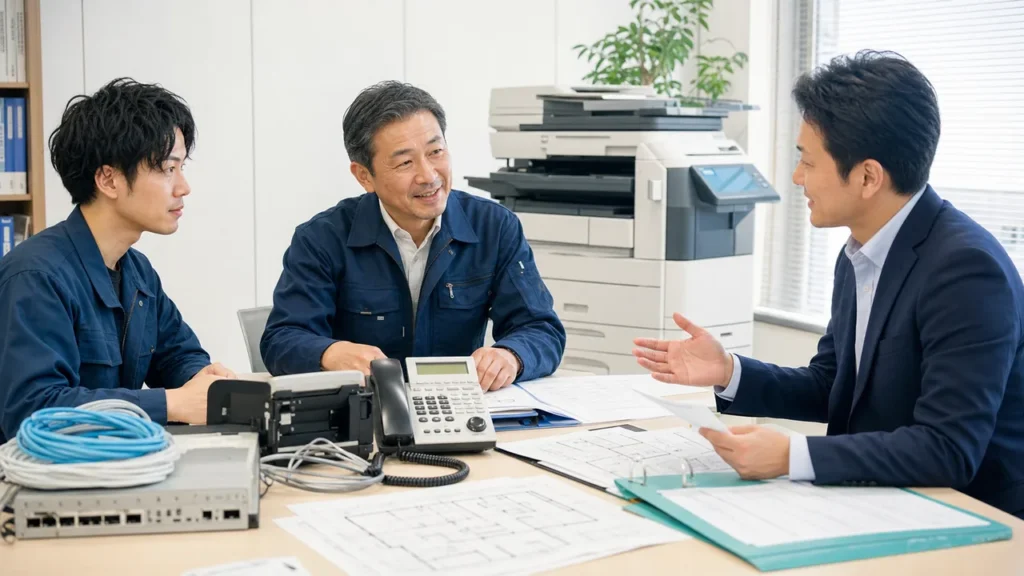ビジネスフォンとPBX主装置の承継資料を確認するOA機器M&Aの相談風景