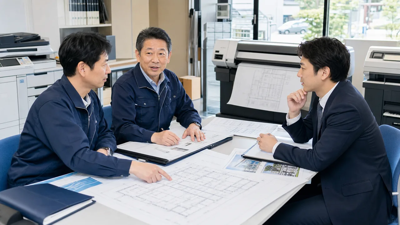 建設業顧客の図面印刷と大判プリンタ承継資料を確認するOA機器M&Aの相談風景