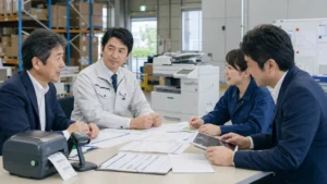 物流倉庫顧客の送り状プリンタとハンディ端末承継資料を確認するOA機器M&Aの相談風景