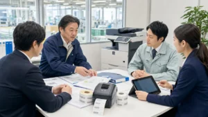 製造業顧客のラベルプリンタと品質帳票承継資料を確認するOA機器M&Aの相談風景