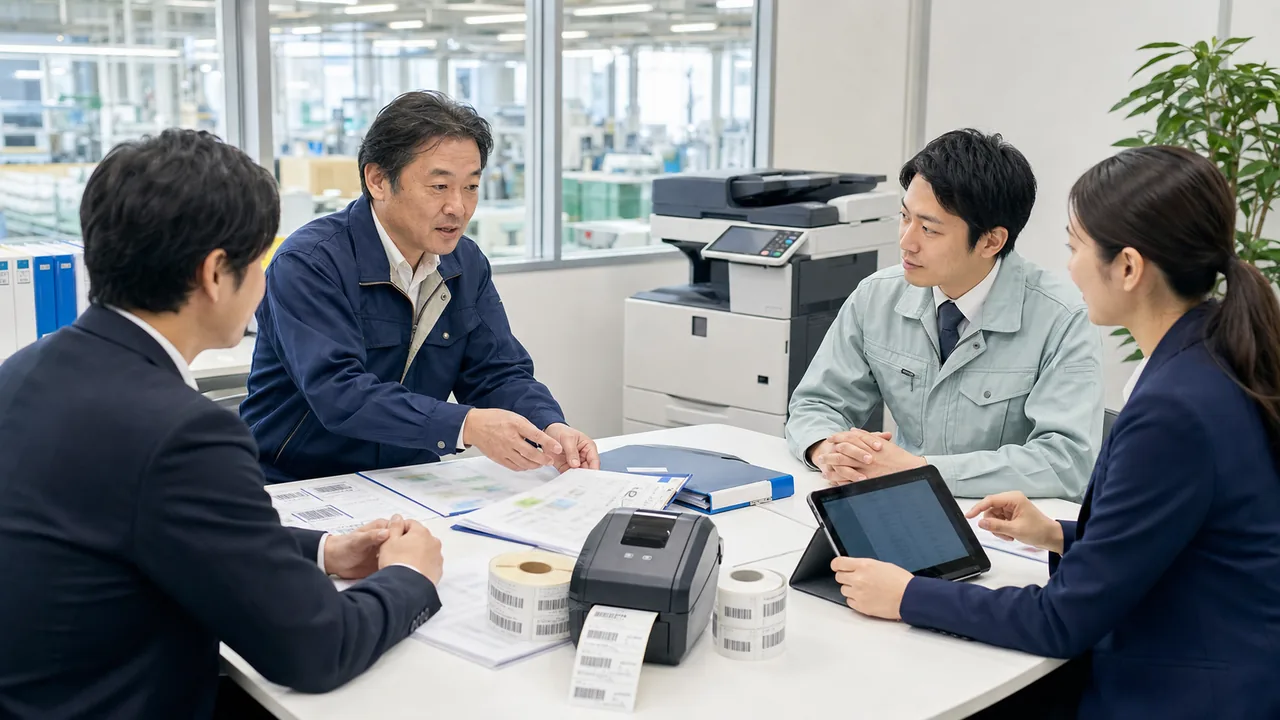 製造業顧客のラベルプリンタと品質帳票承継資料を確認するOA機器M&Aの相談風景