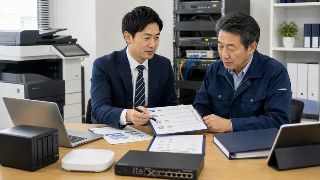 NASとUTMとWi-Fi保守契約の承継資料を確認するOA機器M&Aの相談風景