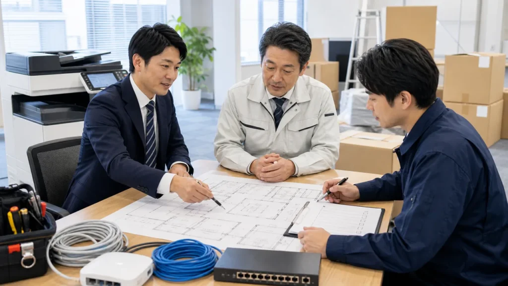 オフィス移転と複合機移設とLAN配線の承継資料を確認するOA機器M&Aの相談風景