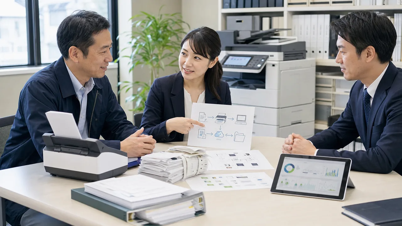士業・会計事務所顧客のスキャン保存とOCR運用承継資料を確認するOA機器M&Aの相談風景