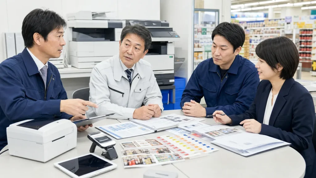 小売店舗バックヤードでPOP印刷と棚札プリンタの承継資料を確認するOA機器M&Aの相談風景