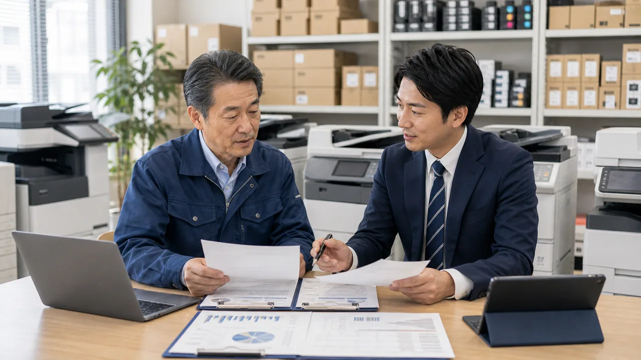 営業担当者と顧客キーマンの承継資料を確認するOA機器M&Aの相談風景