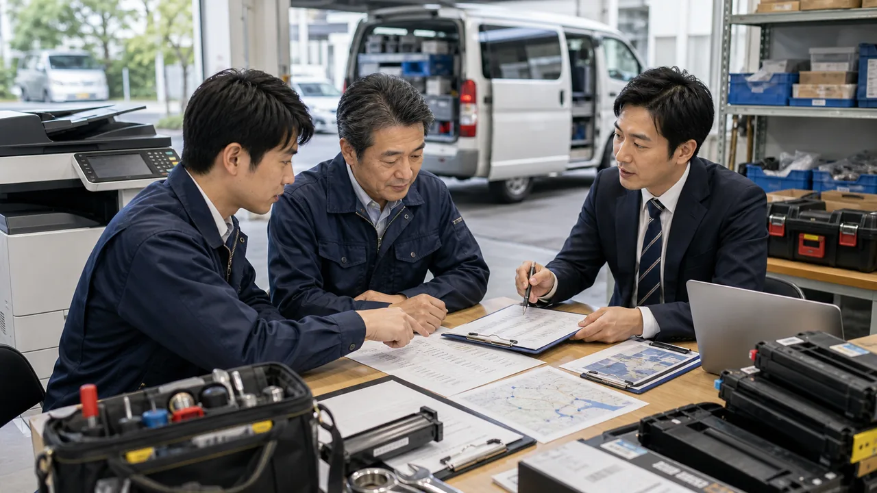 サービスカーと工具と車載在庫の承継資料を確認するOA機器M&Aの相談風景