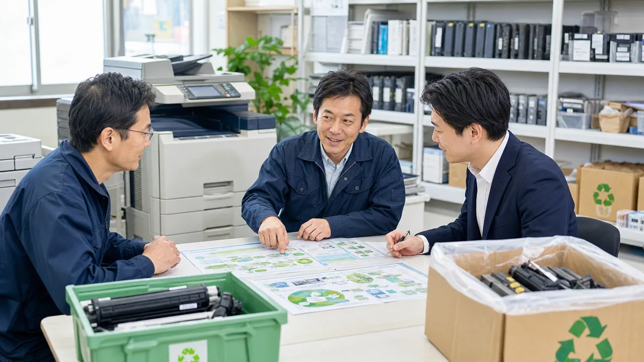 使用済みトナー回収とリサイクルルートの承継資料を確認するOA機器M&Aの相談風景