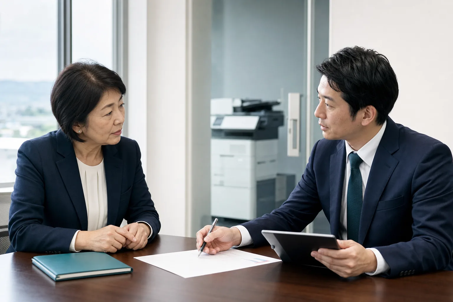 OA機器会社の経営者が事業承継について相談する様子