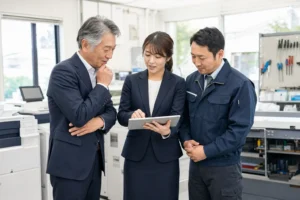 地域OA商社の事業承継に向けて経営者・社員・技術者が現場を確認する様子