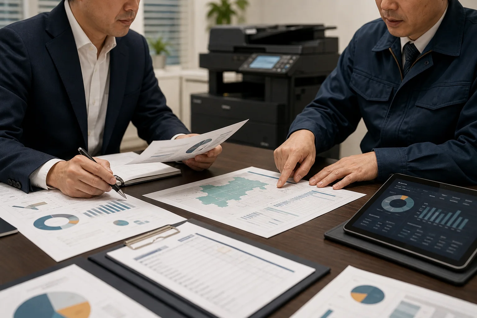 OA機器会社の保守契約や顧客基盤を資料で確認する様子